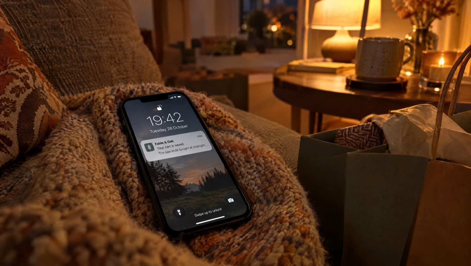 Phone lock screen with a store notification saying the cart is saved and the sale ends tonight