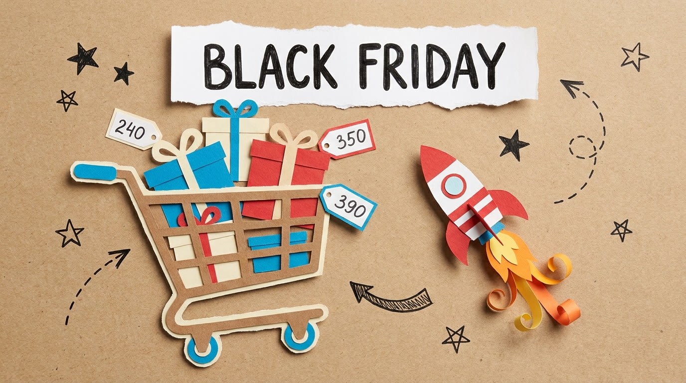 Papercraft shopping cart full of gifts beside a launching rocket with a Black Friday banner