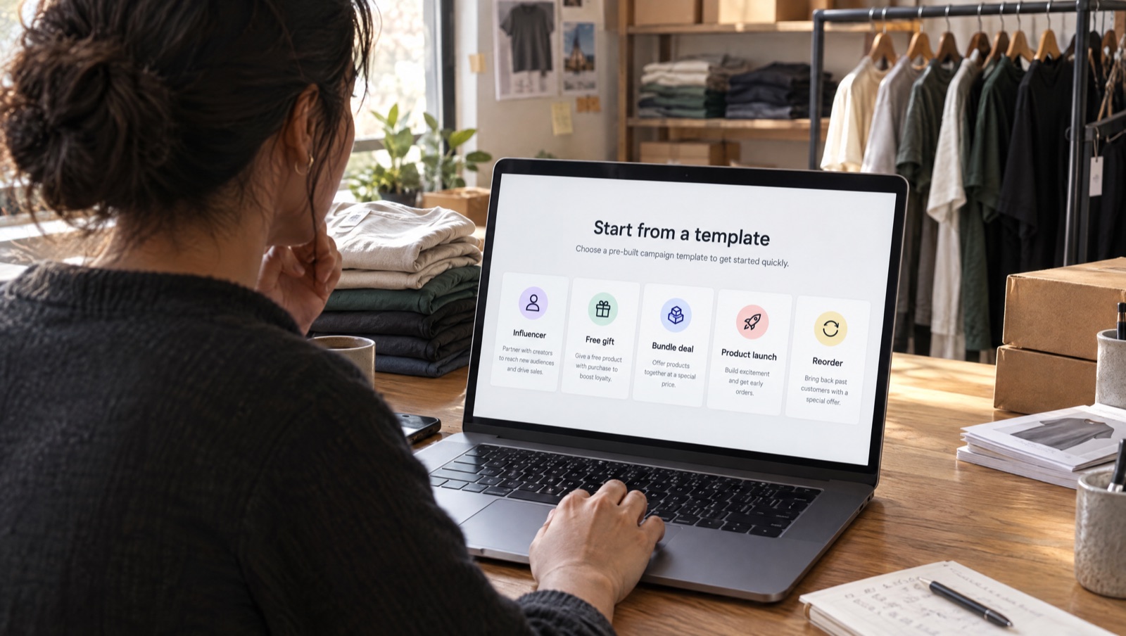 Shop owner choosing from Influencer, Free gift, Bundle deal, Product launch and Reorder templates on a laptop