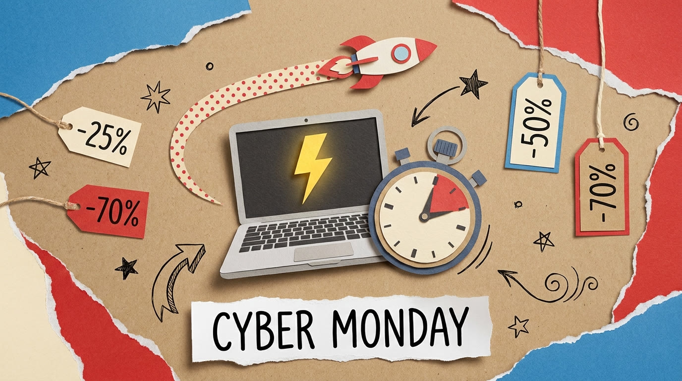 Papercraft laptop with lightning bolt, stopwatch, and discount tags for Cyber Monday