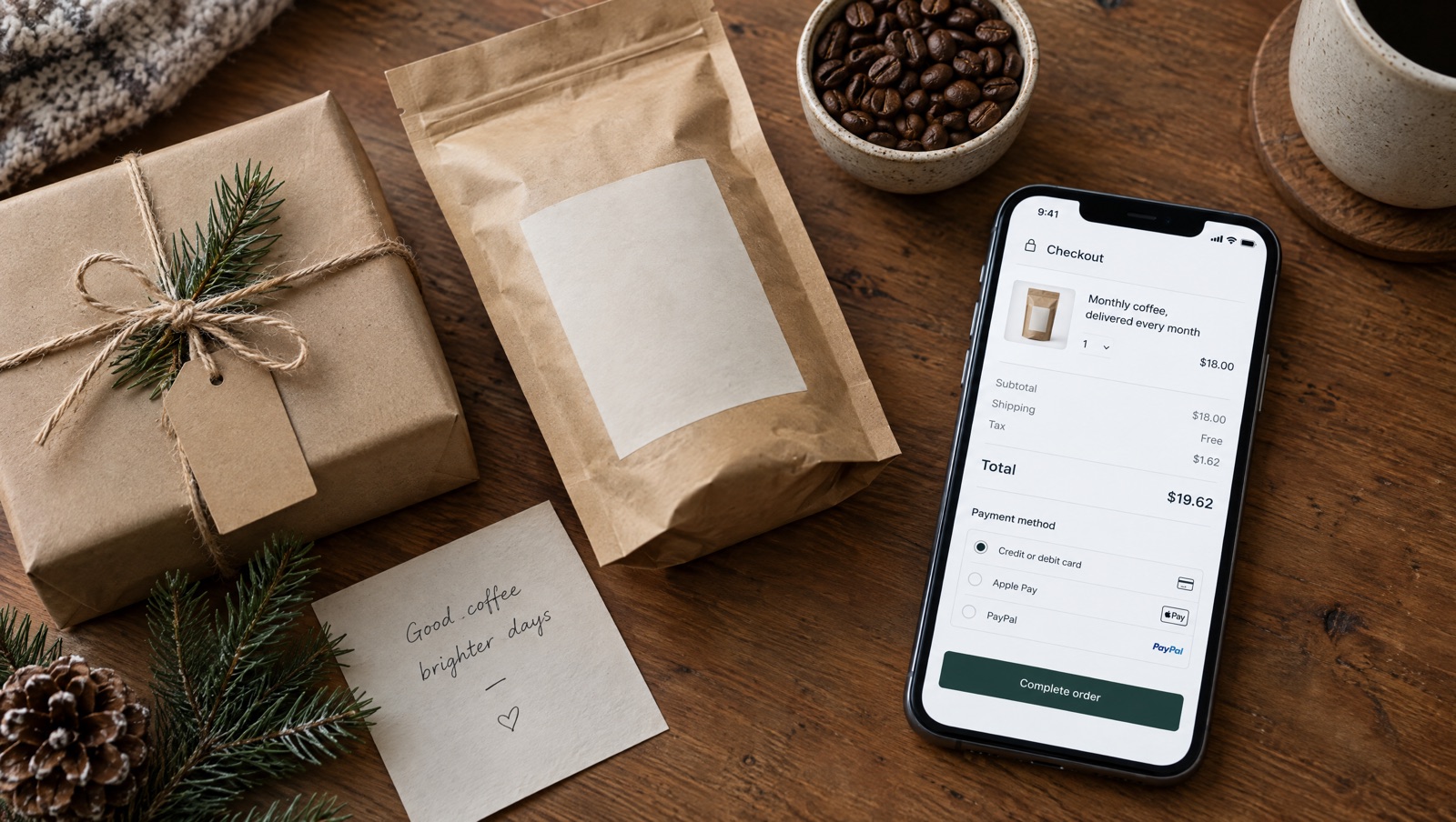 Wrapped gift box with a coffee bag and a card beside a phone showing a checkout with a monthly subscription plan in the cart