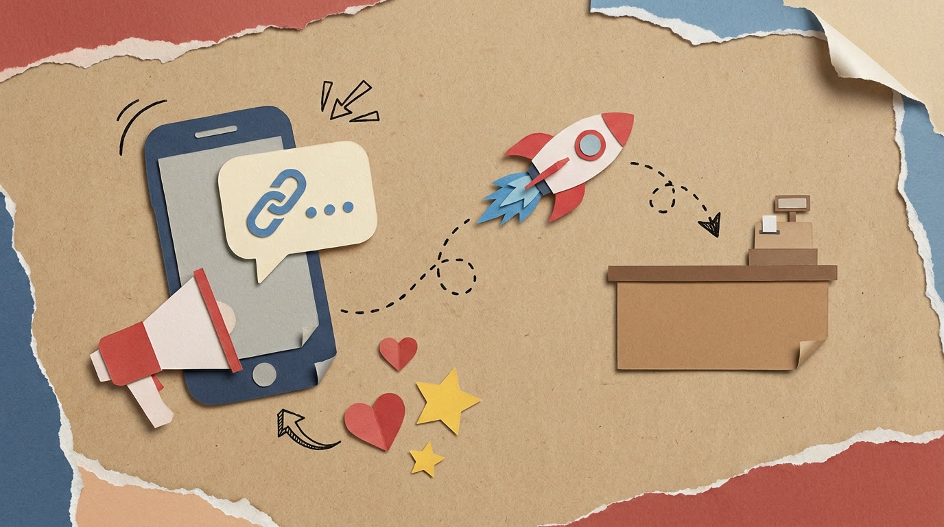 Papercraft smartphone with a shared link flying as a rocket toward a checkout counter