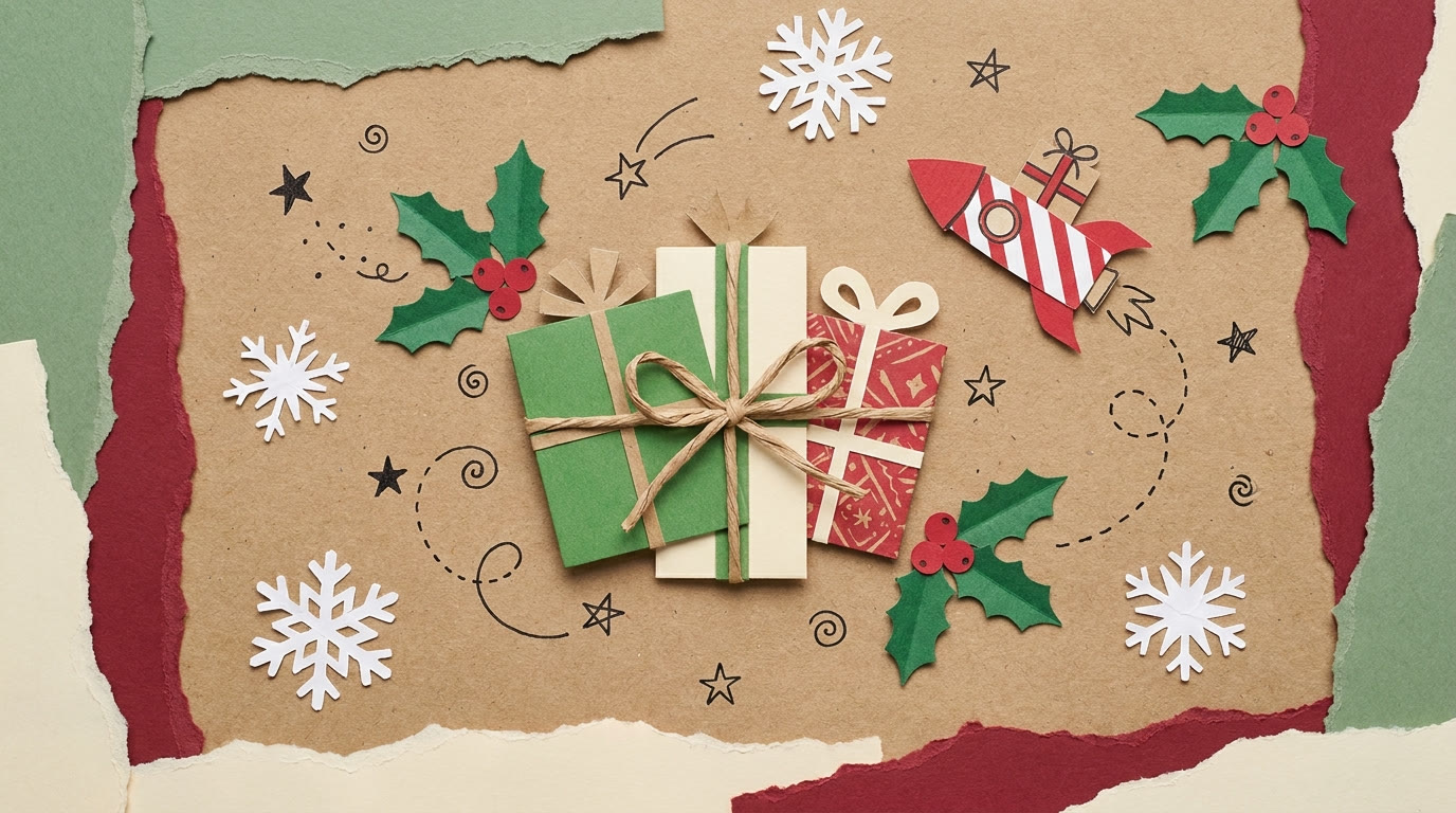 Papercraft wrapped gifts tied together with ribbon and a rocket carrying a present