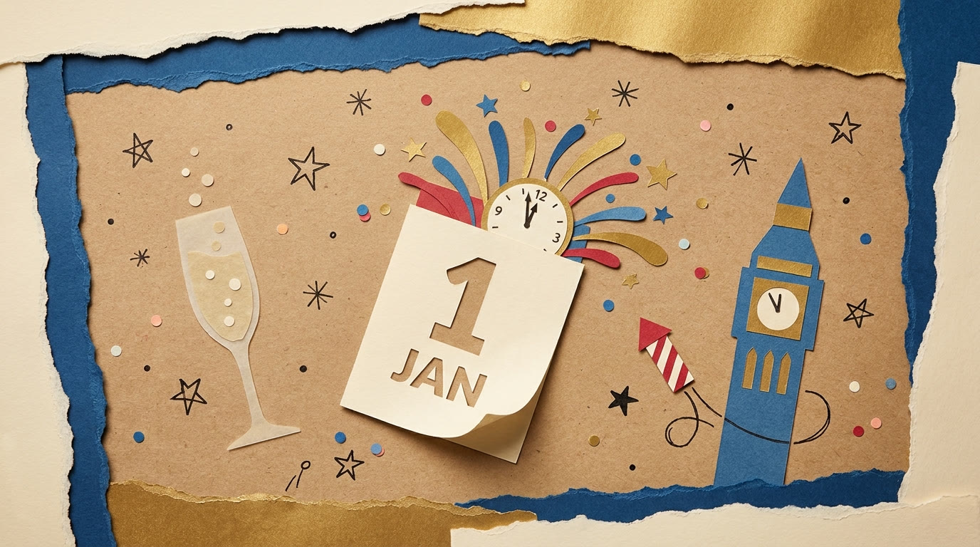 Papercraft fireworks, calendar, and clock striking midnight for a New Year sale