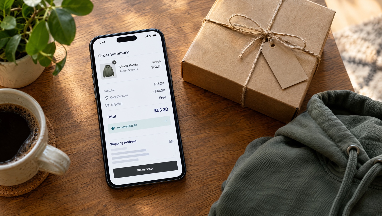 Phone showing a Shopify-style checkout summary with a discounted product line, a cart discount and free shipping, beside a wrapped parcel on a wooden table