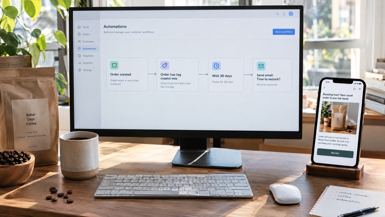 Monitor showing a workflow that waits 30 days after a tagged order, beside a phone with a reorder email