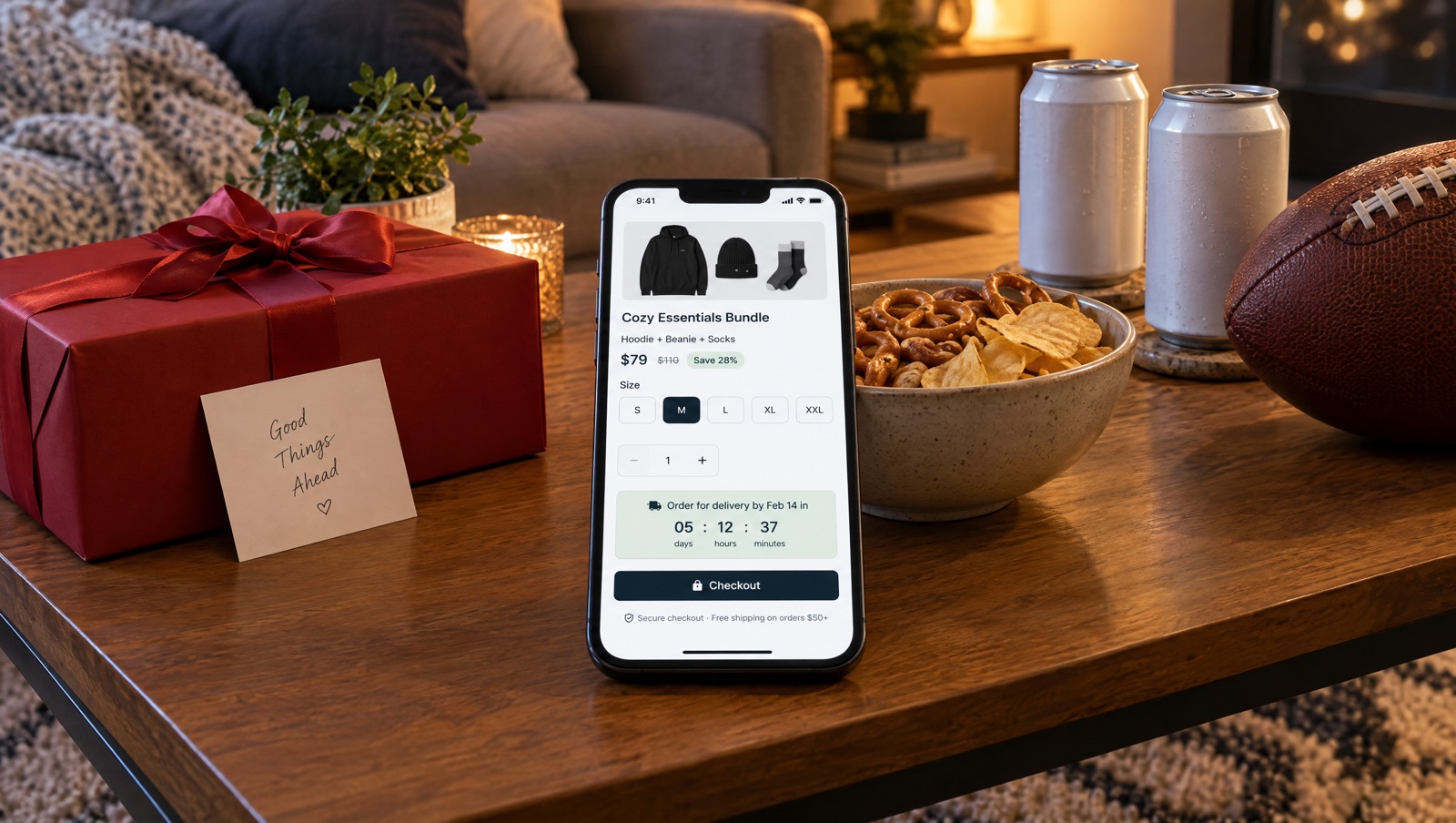 Phone showing a cart with a gift bundle and a countdown, next to a red gift box, a card and a bowl of snacks on a table